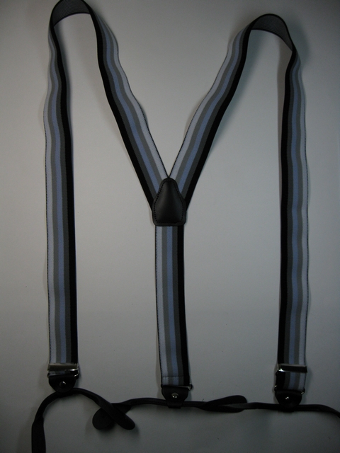 STRIPES: BLACK, DARK GREY, LIGHT POWDERED BLUE, DARK GREY, AND BLACK COLOR Button-On 1 1/2"x 48" "Y" STYLE LEATHER ENDS SUSPENDERS. YB-PB130N48GROM